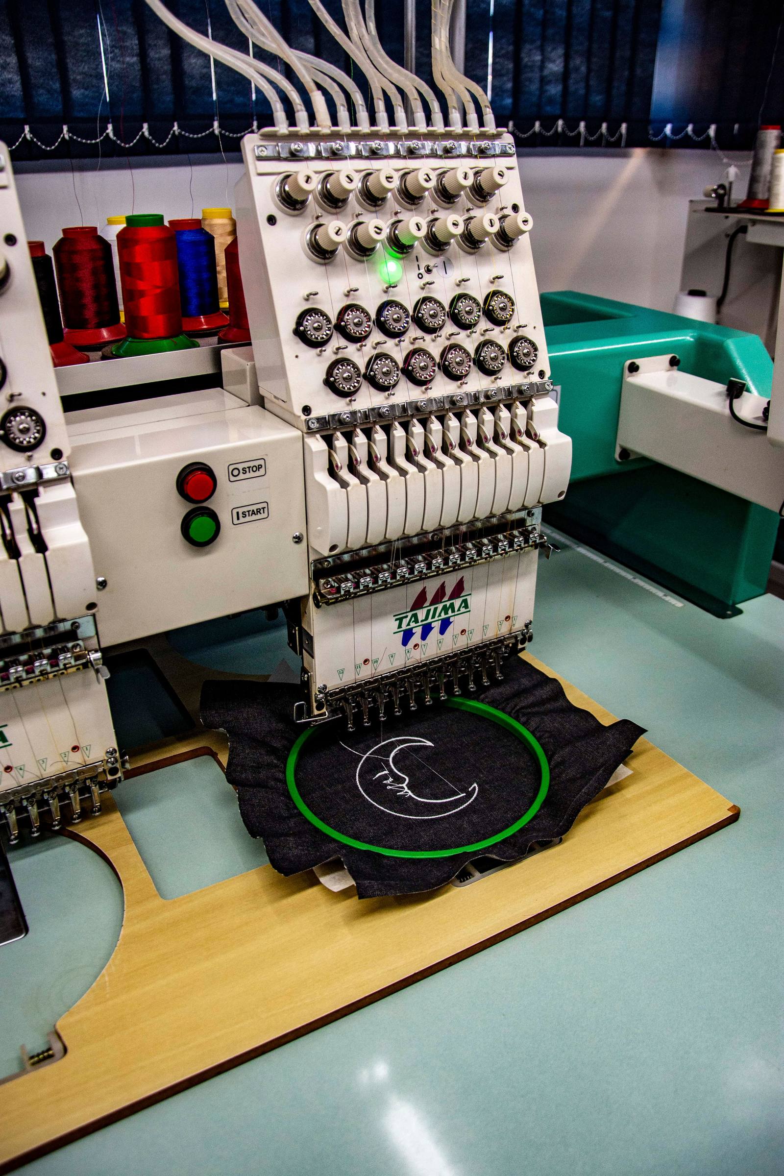Embroidery machine stitching fabric